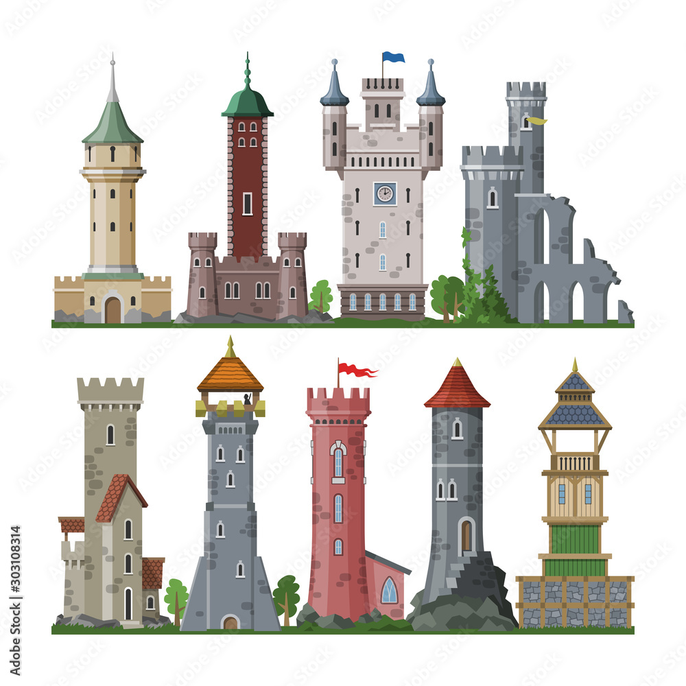 Medieval tower vector cartoon castle fairytale of fantasy palace building  in kingdom fairyland illustration set of historical fairy-tale house  isolated on white background Stock Vector | Adobe Stock