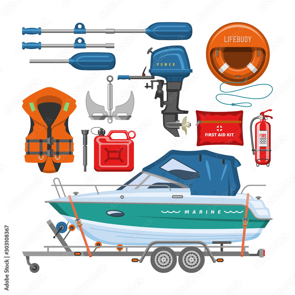 Boat equipment vector motorboat yacht with life-vest lifebuoy paddle anchor illustration marine set of nautical sailboat yachting or speedboat shipping transportation isolated on white background Boat equipment vector motorboat yacht with life-vest lifebuoy paddle anchor illustration marine set of nautical sailboat yachting or speedboat shipping transportation isolated on white background