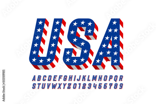 USA flag style font design, alphabet letters and numbers