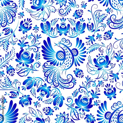 Russian ornaments gzhel art seamless vector pattern, illustration of blue colored flowers and bird. Decorative russian fabulous gzhel blue flowers on a white background. photo