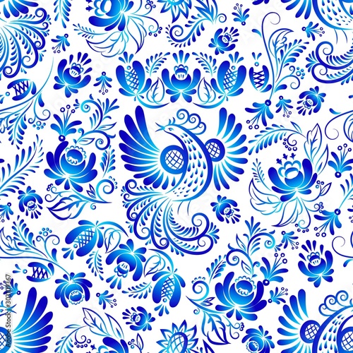 Russian ornaments gzhel art seamless vector pattern, illustration of blue colored flowers and bird. Decorative russian fabulous gzhel blue flowers on a white background.