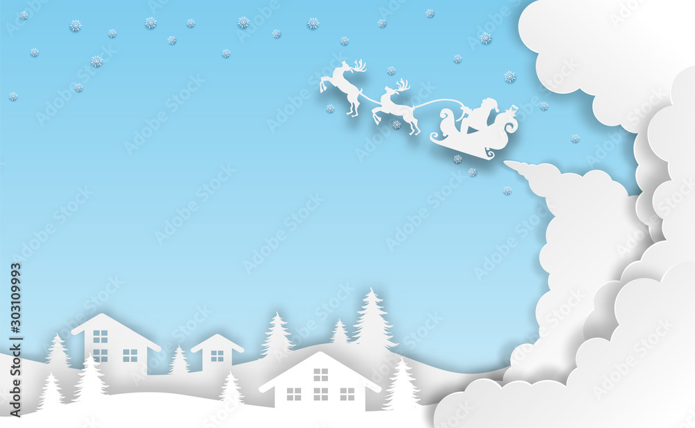 Merry Christmas. Design with santa claus on the sky to city village. paper art style. Vector. illustration.