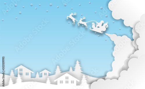 Merry Christmas. Design with santa claus on the sky to city village. paper art style. Vector. illustration.