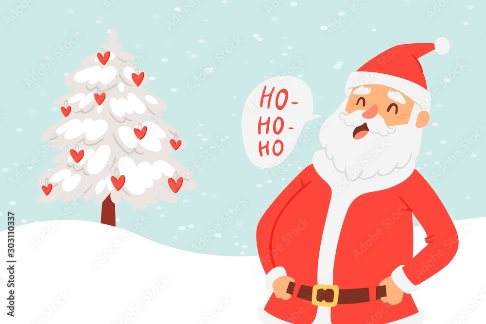 Cartoon Santa Claus for Christmas and New Year greeting vector illustration. Happy Santa Claus saying ho, ho with snowy christmas tree and red hearts. Cartoon Santa Claus for Christmas and New Year greeting vector illustration. Happy Santa Claus saying ho, ho with snowy christmas tree and red hearts.