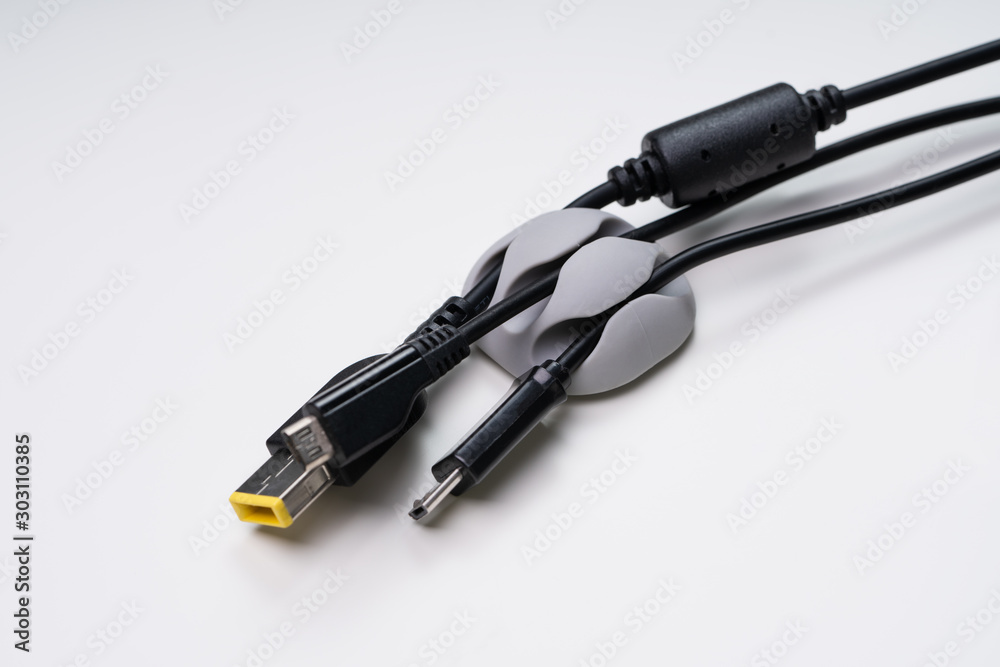 Cable Holder On Desk With Charging Cables Cable Holder On Desk With Charging Cables