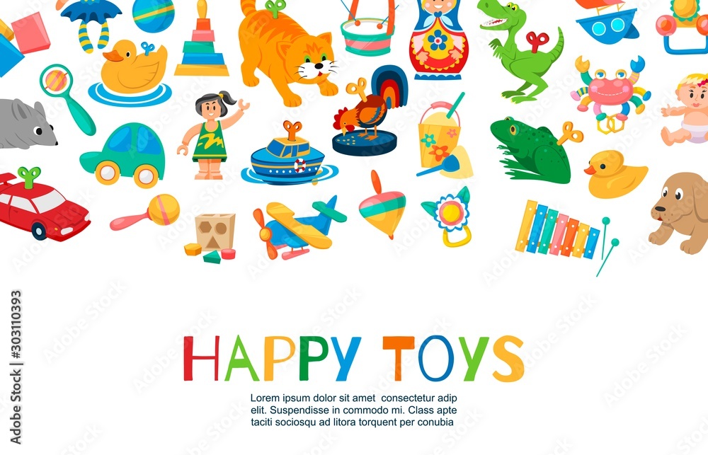 Baby toys to play vector illustration. Funny clockwork toys, ball, toy car, doll, rattles and other kids items. Different toy for children collection with inscription.