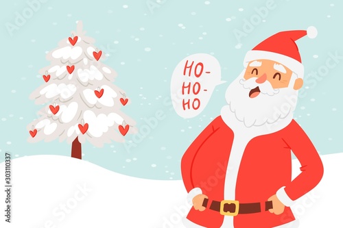 Cartoon Santa Claus for Christmas and New Year greeting vector illustration. Happy Santa Claus saying ho, ho with snowy christmas tree and red hearts. © partyvector