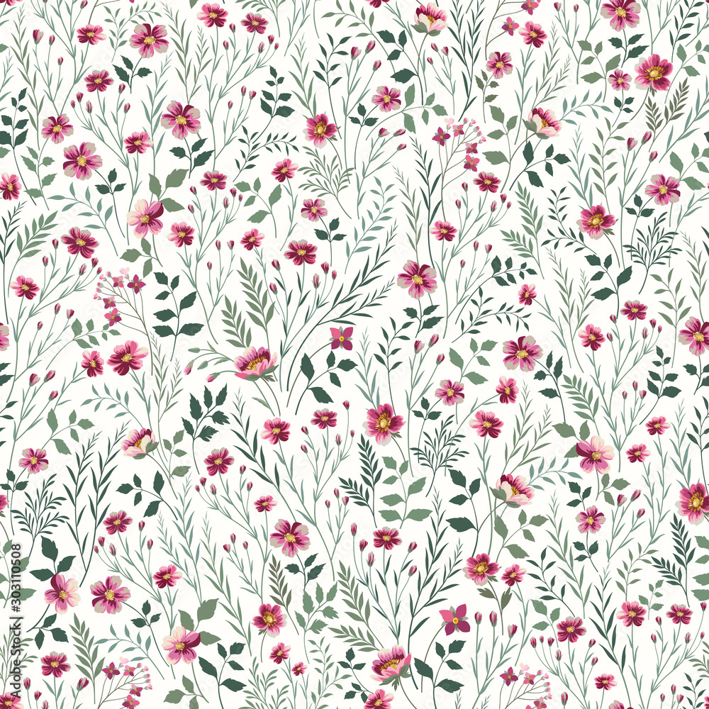 seamless floral pattern with pink meadow flowers - obrazy, fototapety, plakaty 