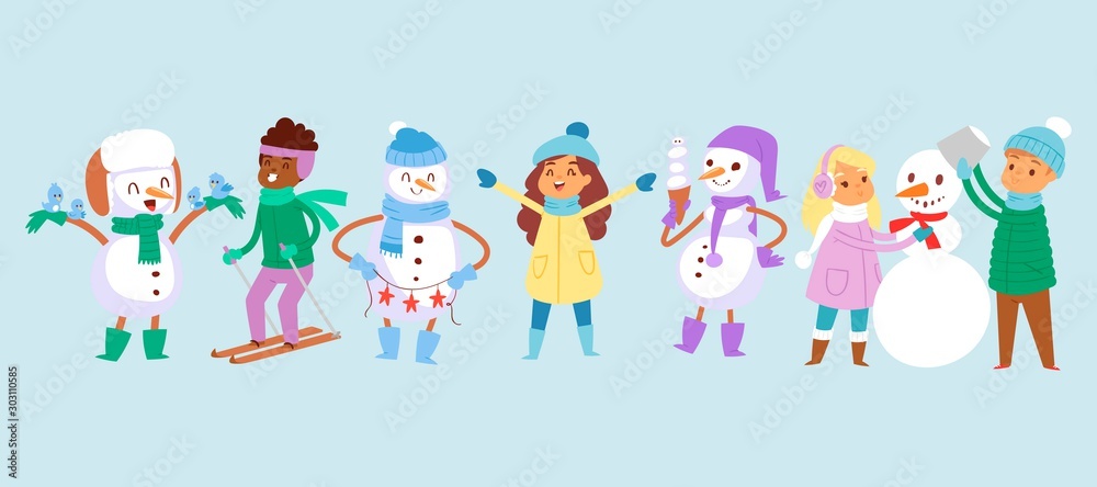 Happy winter kids fun vector illustration. Multinational cartoon children making snowman and going to ski. Winter holidays kids games outdoor with snow.