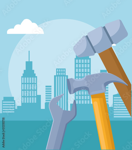 tools over urban city buildings scenary background