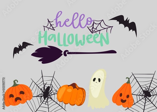 Creepy halloween vector poster with cute spook, pumpkin and spider webs, broom, black bats and text hello Halloween. Cartoon illustration of halloween symbols.