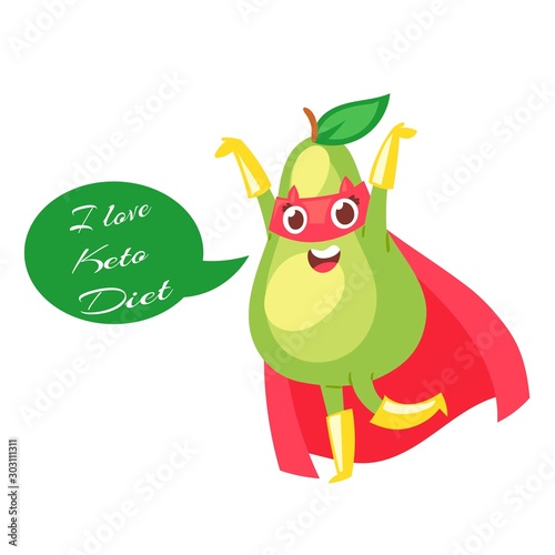Keto diet with cartoon cute green avocado in red saver cloak isolated on white background. Ketogenic diet and vegetarian food. Low carb and high healthy fats.