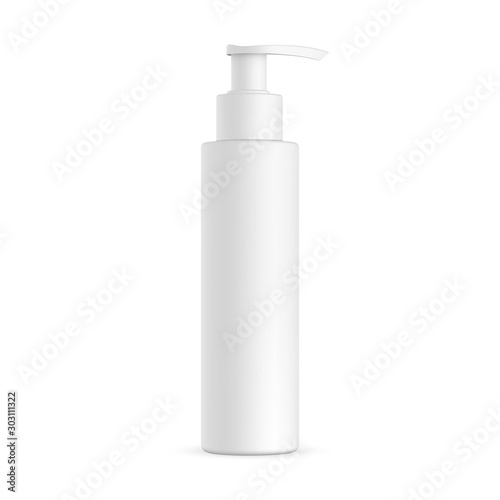 Blank cosmetic bottle with press pump mockup isolated on white background. Vector illustration