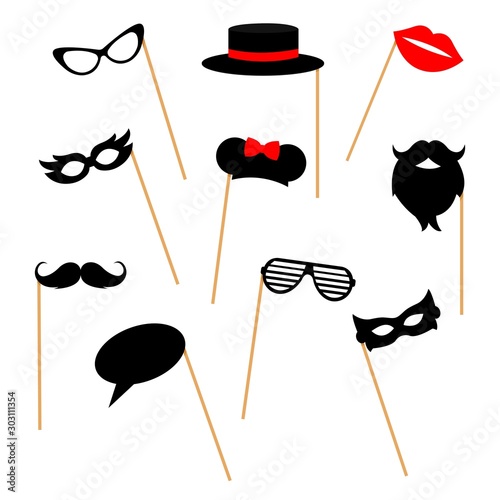 Photo booth props collection for party: mask, mustache, beard, glasses, hat, lips, mouse ears, speech bubble. Vector illustration