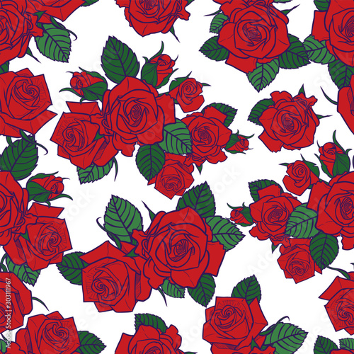 Vector red roses and green leaves with purple outlines againts white background seamless pattern. Perfect for fabric, scrapbooking and wallpaper projects.