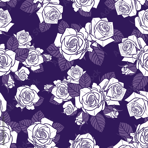 Vector white roses with purple background monochrome seamless pattern. Perfect for fabric  scrapbooking and wallpaper projects.