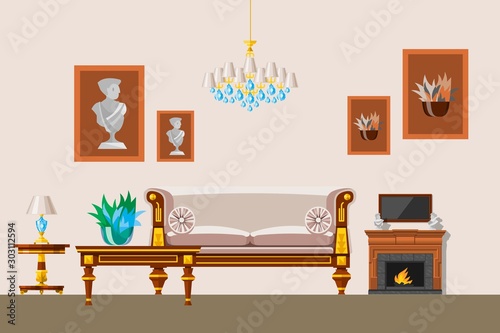 Interior of the living room in old victorian style with lounge and classic style furniture, vector illustration. Classical interior and furniture with fireplace, pictures and chandelier.