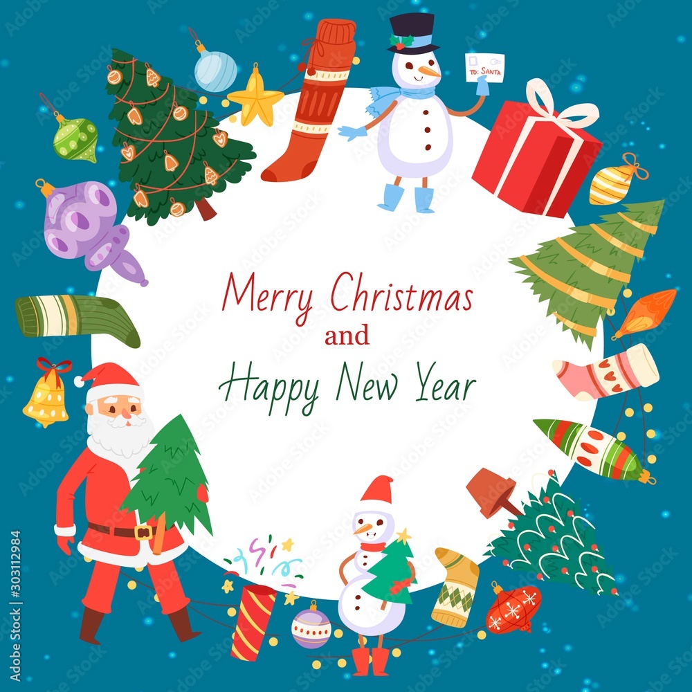 Merry Christmas and Happy New Year vector illustration. Santa and snowman. Happy christmas companions. Christmas holiday objects in circle on blue winter background.