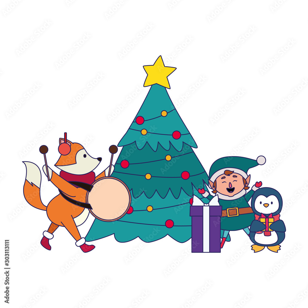 chirstmas tree with elf and cute animals around, colorful design chirstmas tree with elf and cute animals around, colorful design