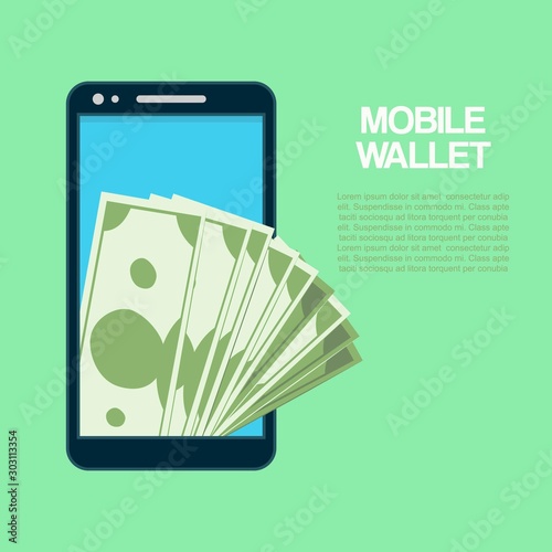 Smartphone with cash money, mobile wallet technology vector illustration. Wireless payment with smart phone. Flat icon modern design style of smartphone payments.