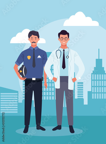 police man and doctor standing over urban city buildings scenary