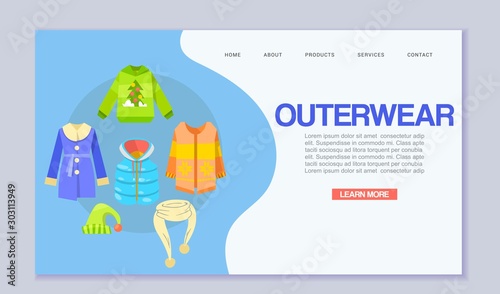 Winter clothes or outerwear web template, vector illustration. Clothing for outdoor activities web page. Sportswear and outerwear such as winter jacket, scarf, woolen hat and coat.