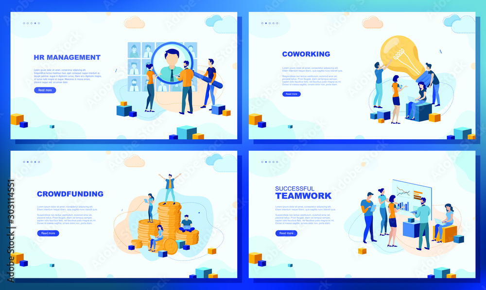 Trendy flat illustration. Set of web page concepts. HR management. Crowdfunding. Coworking. Successful teamwork. Template for your design works. Vector graphics. Trendy flat illustration. Set of web page concepts. HR management. Crowdfunding. Coworking. Successful teamwork. Template for your design works. Vector graphics.