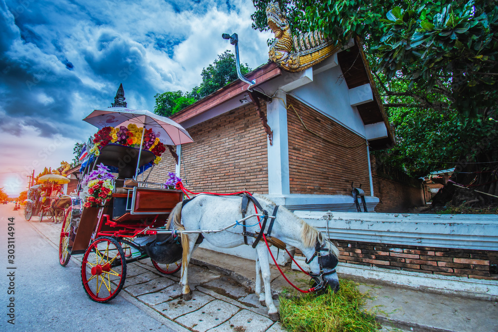 Carriages in front of Wat Phra That Lampang Luang, designed for tourist services.