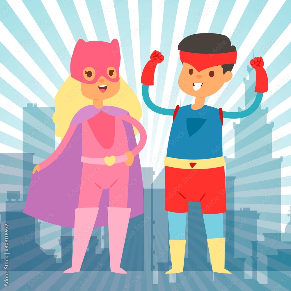 Superhero kids in costumes vector illustration for party or masquerade invitation. Children dressed in superhero costume and masks. Cute little superhero boy and girl cloth collection. Superhero kids in costumes vector illustration for party or masquerade invitation. Children dressed in superhero costume and masks. Cute little superhero boy and girl cloth collection.