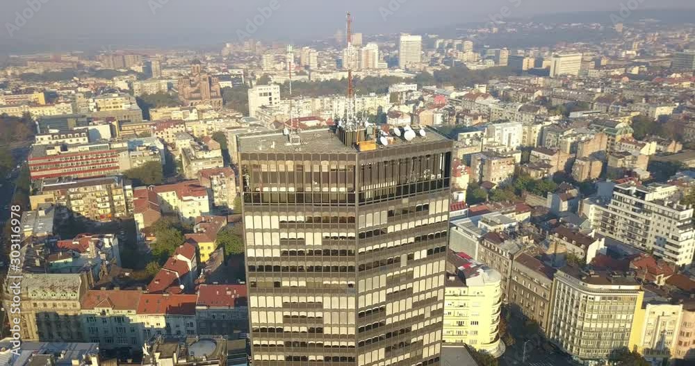 Aerial shot of Beogradjanka, a modern building in Belgrade downtown area