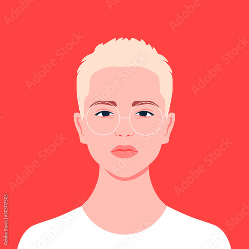 Portrait of a short-haired girl. Androgin. Diversity. Avatar for a social network. Student. Vector flat illustration
