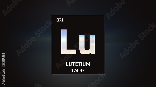 3D illustration of Lutetium as Element 71 of the Periodic Table. Grey illuminated atom design background with orbiting electrons. Design shows name, atomic weight and element number