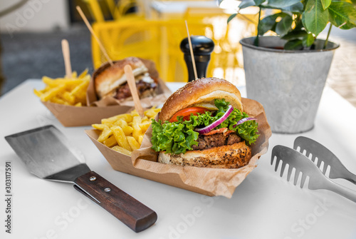 Delicious burger with potato fries chips
