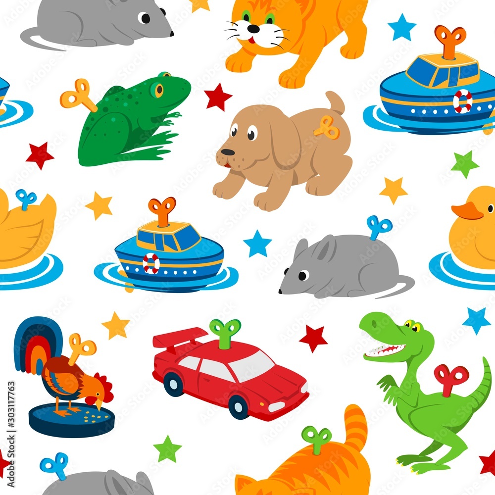 Obraz premium Clockwork toys with key vector seamless pattern. Mechanic toys for baby with mechanism for kids. Animal clock work cat, dog, duck and frog isolated on white background.