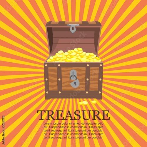 Pirates trunks chests with gold coins treasures vector illustration. Treasure in old box on vintage stripped background. Money open ancient pirate for storage.
