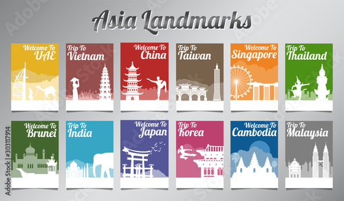 Asia famous landmark in silhouette design with multi color style brochure set,vector illustration