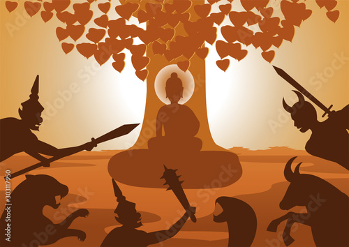 devil fight to lord of Buddha to stop to enlighten after that they were lost the lord,Buddha biography,silhouette design,vector illustration