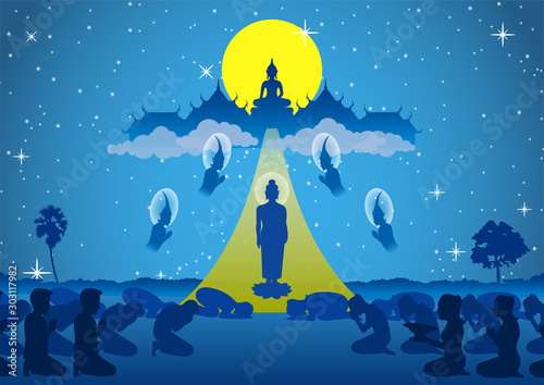 lord of buddha walk down from heaven that for visit and teach his mom in dharma,The begin of tak bat thewo and The End of Buddhist Lent Day.surround by angel monk and buddhist,vector illustration