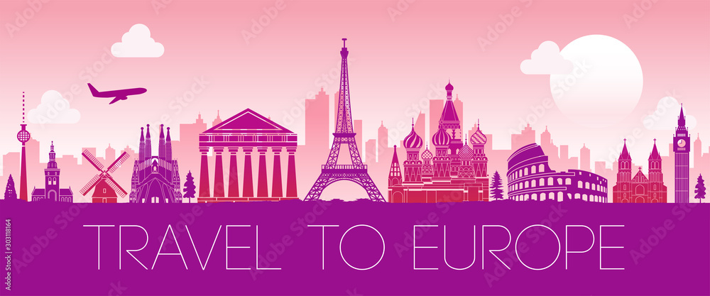 top famous landmark of Europe,silhouette design pink color,vector illustration top famous landmark of Europe,silhouette design pink color,vector illustration