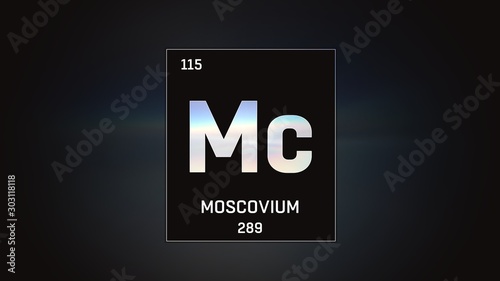 3D illustration of Moscovium as Element 115 of the Periodic Table. Grey illuminated atom design background with orbiting electrons. Design shows name, atomic weight and element number
