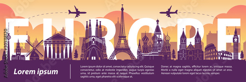 Europe top famous landmark silhouette style,text within,travel and tourism,vector illustration,flag color design