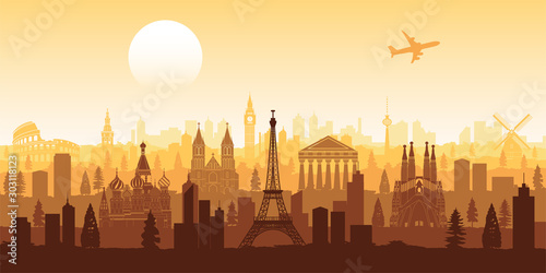 Europe famous landmark silhouette style with row design on sunset time,vector illustration