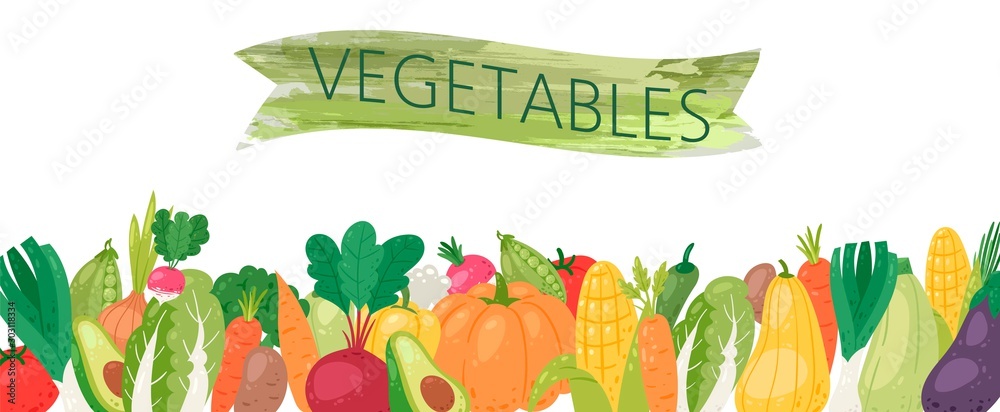 Plakat Organic vegetables vector illustration banner. Healthy life, organic vegetables food. Cartoon avocado, corn, squash, cucamber and tomato, eggplant, carrot and pepper with green ribbon.