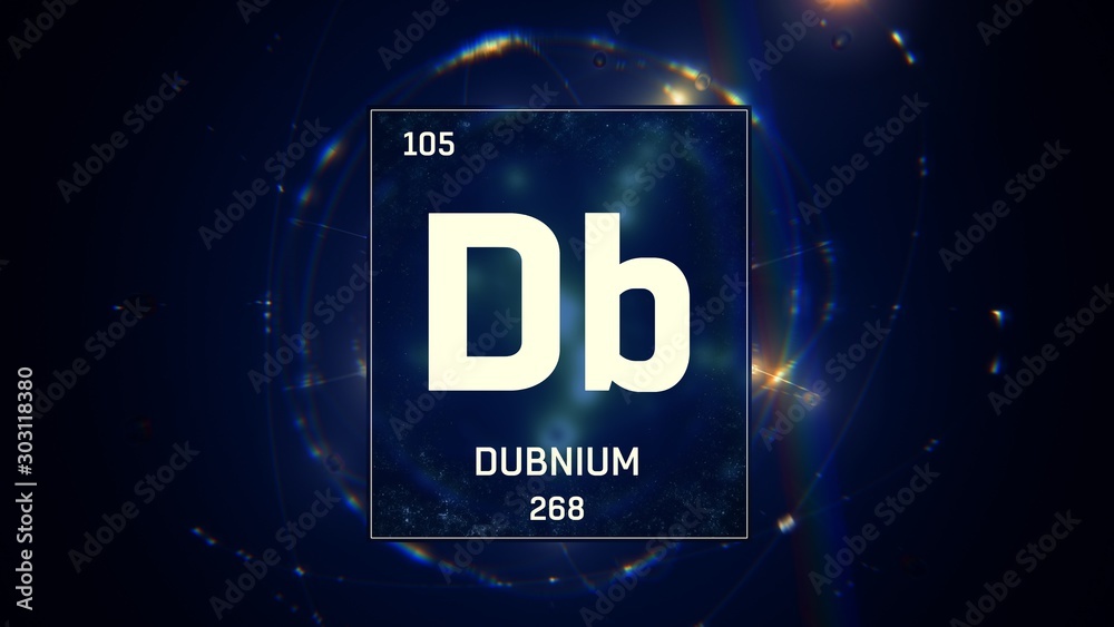 3D illustration of Dubnium as Element 105 of the Periodic Table. Blue illuminated atom design background with orbiting electrons. Design shows name, atomic weight and element number 3D illustration of Dubnium as Element 105 of the Periodic Table. Blue illuminated atom design background with orbiting electrons. Design shows name, atomic weight and element number