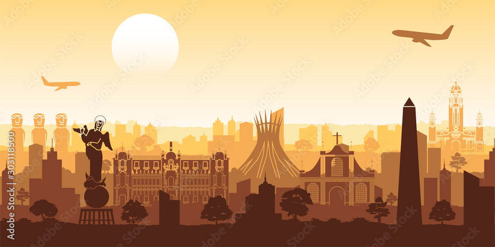 South america famous landmark silhouette style with row design on sunset time,vector illustration - obrazy, fototapety, plakaty 