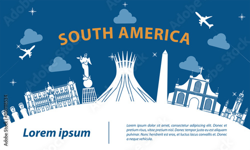 South america top famous landmark silhouette style on white curve,trip and tourism,vector illustration
