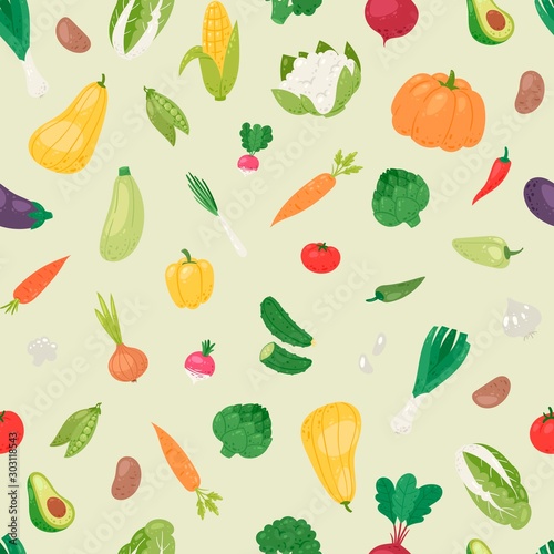 Organic vegetables vector seamless pattern. Healthy garden eco vegetables. Avocado, corn, squash, cucamber and tomato, eggplant, carrot and pepper. Organic food.