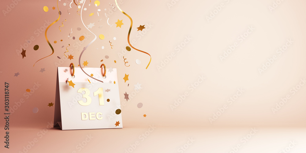 Happy New Year eve design creative concept, December 31 calendar and gold silver glittering confetti on gradient background. Copy space text area, 3D rendering illustration. - obrazy, fototapety, plakaty 