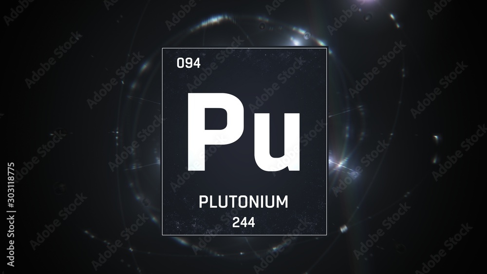 3D illustration of Plutonium as Element 94 of the Periodic Table. Silver illuminated atom design background with orbiting electrons. Design shows name, atomic weight and element number 3D illustration of Plutonium as Element 94 of the Periodic Table. Silver illuminated atom design background with orbiting electrons. Design shows name, atomic weight and element number