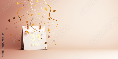 Happy New Year eve design creative concept, December 31 calendar and gold silver glittering confetti on gradient background. Copy space text area, 3D rendering illustration. photo